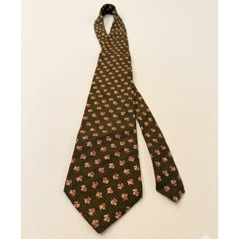 Kenneth Cole New York Silk Tie Mens Olive Brown Orange Maple Leaf Fall Autumn
